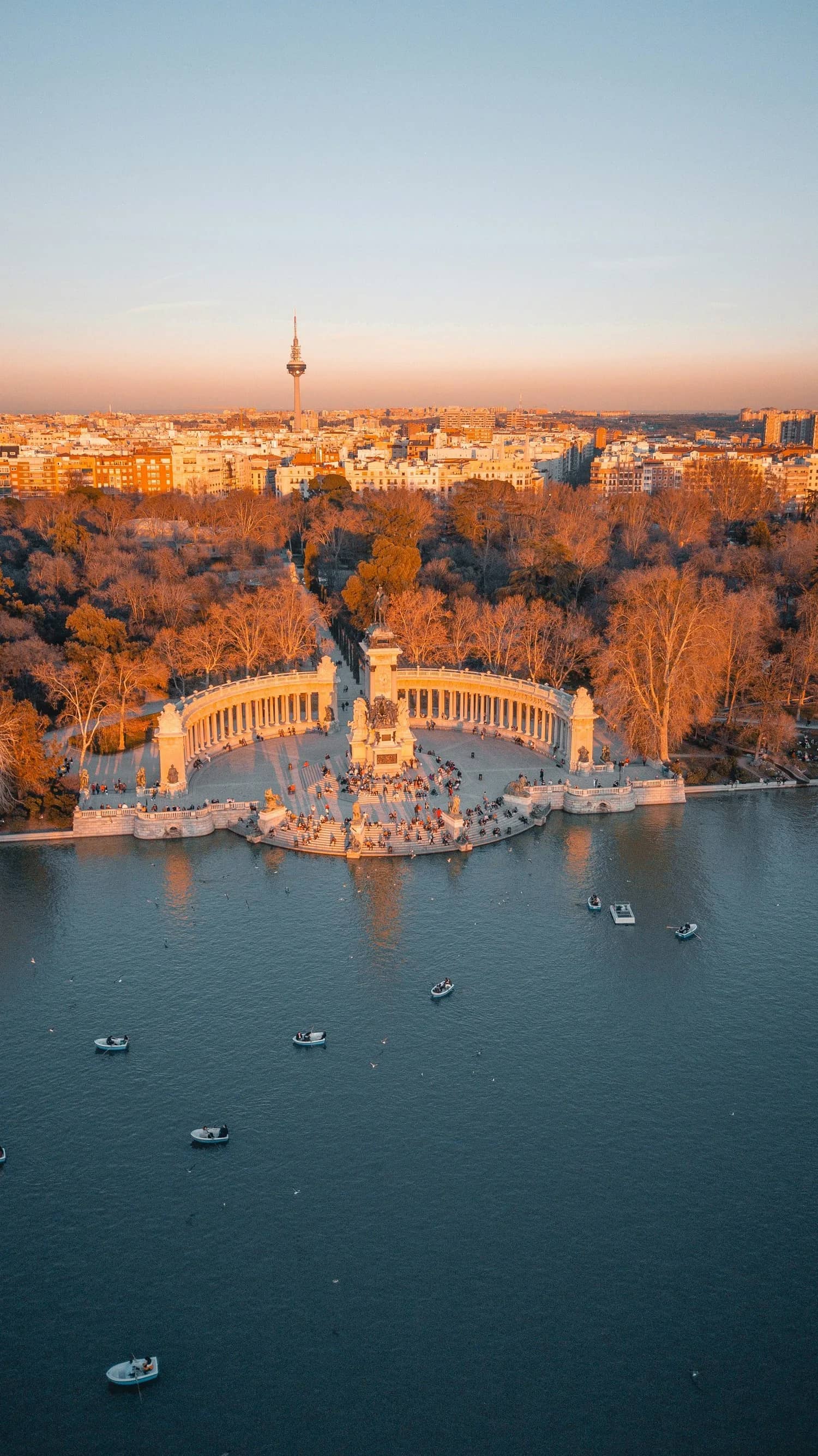 Panoramic view of Retiro Park and Madrid skyline